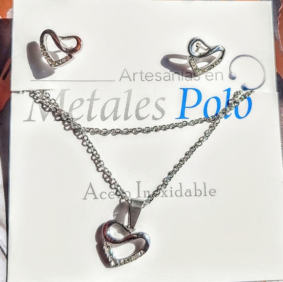 Heart Shaped Earrings & Necklace Set Gift Stainless Steel ♡ - Picture 2 of 5